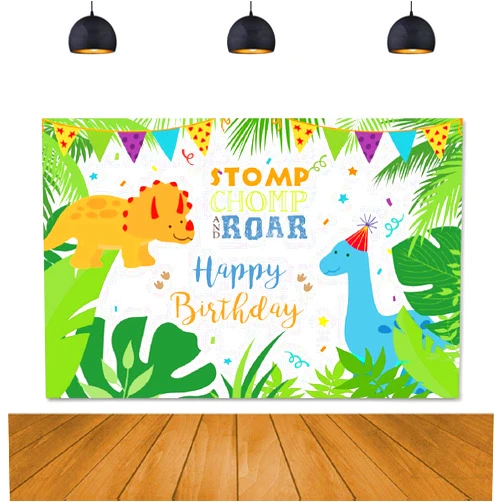 Lofaris 5x3ft Dinosaur Backdrop Happy Birthday Cartoon Dinosaurs Theme for Birthday Party Kids Child Newborn Baby Bday Background for Boys Girls Tropical Jungle Banner Decorations Photo Booth Props