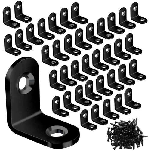 SEANSDA 40PCS L Bracket Corner Brace Sets, Stainless Steel Corner Bracket, 90 Degree Right Angle Bracket, Metal L Brackets for Shelves Wood Furniture Cabinet Chair Drawer with 80PCS Screws, Black (20mmx20mm)