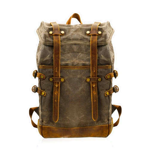 CRUITBILI Waxed Canvas Leather Hiking Travel Waterproof Backpack For College Weekend Travel Fit 15in Laptops (Army Green)