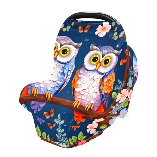 WELLDAY Baby Car Seat Covers Cute Owls Stretchy Breastfeeding Scarf Breathable Infant Carseat Canopy Nursing Covers Multi Use for Stroller High Chair Shopping Cart Boys and Girls
