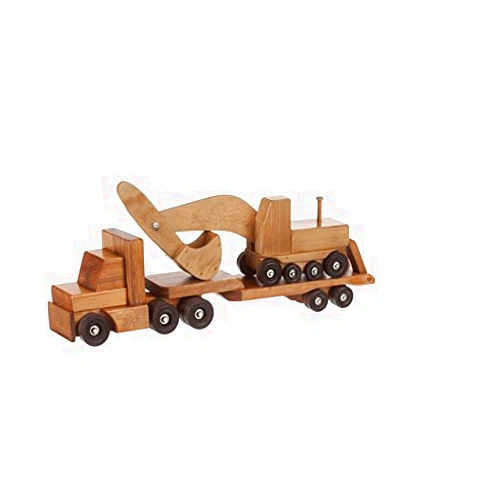 AmishToyBox.com Large Wooden Toy Truck & Flatbed Trailer with Excavator Set