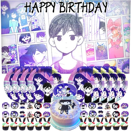 LAPTEQIZ Omori Party Supplies Birthday Decorations Plates Banner Cake Toppers Set Decorations Decor
