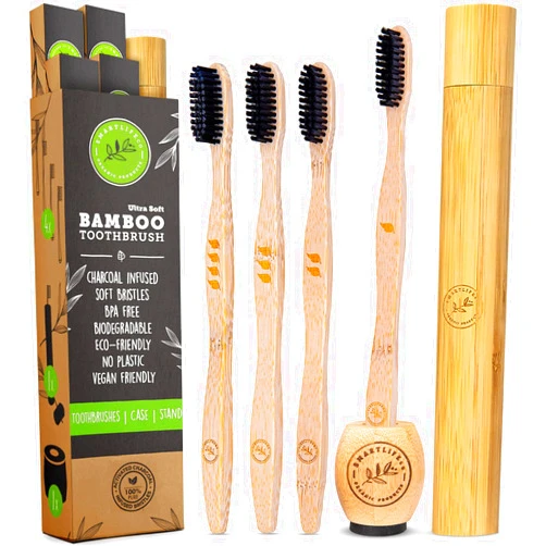 SMARTLIFECO Bamboo Charcoal Toothbrushes (4 Pack) with Travel Case & Stand - Extra Soft Bristles for Adults & Kids Teeth | Organic Zero Waste Travel Toothbrush Kit | Natural Eco-Friendly Wooden Brush Holder Cover