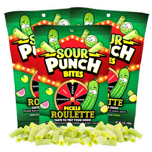Needzo Sour Punch Bites Pickle Roulette, Candy Holiday Party Game with Assorted Flavors, Funny Stocking Stuffer & Gag Gift, 5 Ounces, (Pack of 3)