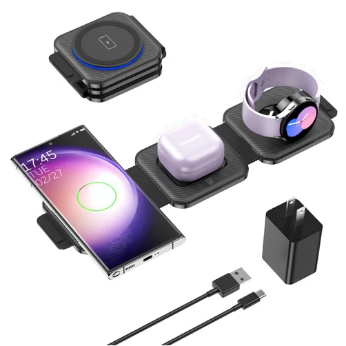 Fanisic Travel Charger for Samsung Multi Devices, Foldable 3 in 1 Wireless Charging Station Fast Charging Stand/Pad Compatible for Samsung Galaxy S25/S24/S23/S22/S21/Note20 Galaxy Watch7/6/5/4/3 Galaxy Buds3