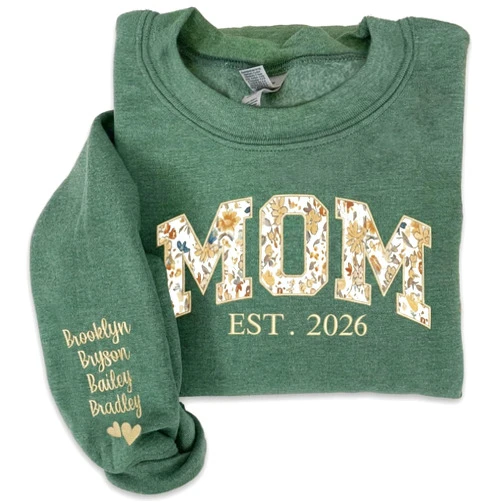 DILYPOD Personalized Floral Embroidered Grandma Sweatshirt with Names on Sleeve, Custom Mama Sweatshirt Hoodie Gifts