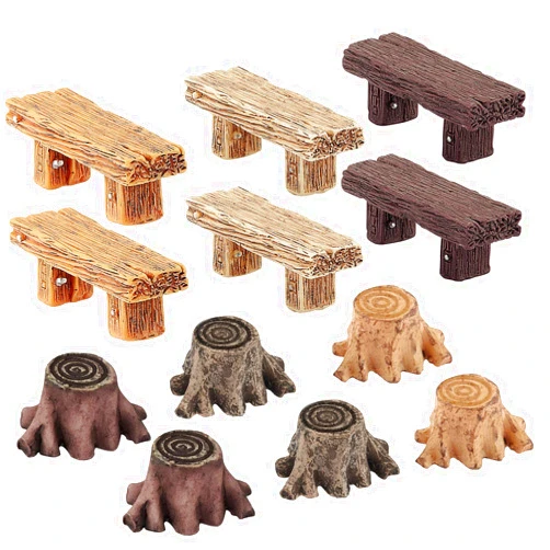 Skylety 12 Pieces Miniature Garden Ornaments, Includes 6 Pieces Retro Wooden Style Benches, 6 Pieces Artificial Mini Root Stump for Moss Terrariums Landscape Dollhouse Accessories Decorations