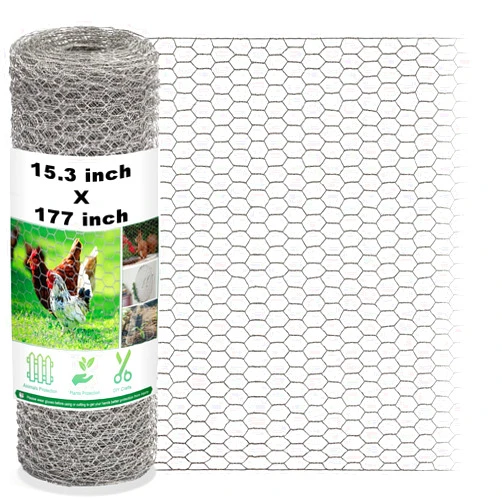 Fabulas Chicken Wire Fencing Mesh, 15.3 x 177 Inches Metal Floral Chicken Wire Fence for Crafts Poultry Garden, Hexagonal Galvanized Hardware Cloth Netting for Chicken Coop Barrier Rabbit Cage