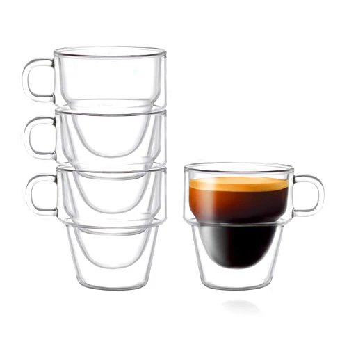 JoyJolt Stoiva Double Wall Insulated Espresso Glass Cups – 5 oz. (150 ml) Espresso Shot Glass Cup with Handle – Stackable Thermal Clear Glass Cups, Fit for Espresso Machine and Coffee Maker – Set of 4