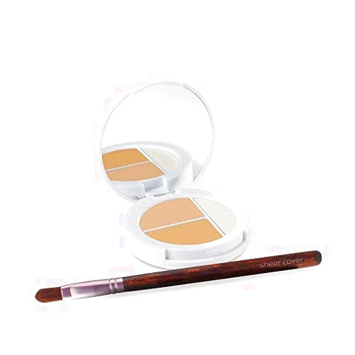 Sheer Cover Studio – Conceal and Brighten Highlight Trio – Two-Toned Concealers – Shimmering Highlighter – Light/Medium Shade – With FREE Concealer Brush – 3 Grams