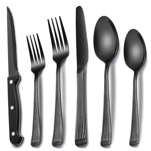EWFEN Black Hammered Silverware Set With Steak Knives, 24-Piece Stainless Steel Roman Column Flatware for 4, Food-Grade Tableware Cutlery, Utensil Set for Home Restaurant, Mirror Finish