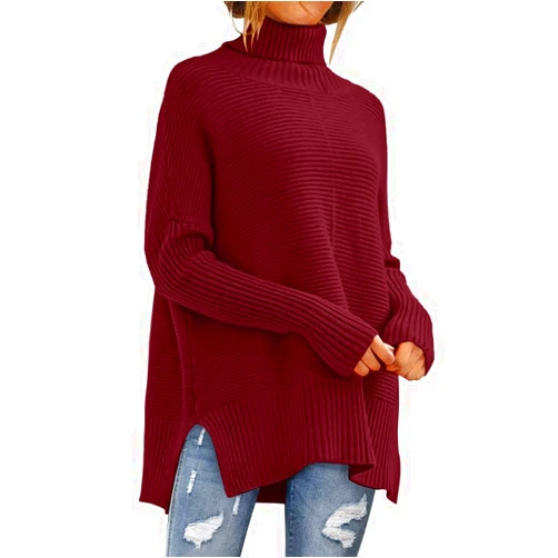 ANRABESS Women Oversized Turtleneck Long Batwing Sleeve Split Hem Pullover Knit Tunic Sweater Outfits 2024 Trendy Clothes