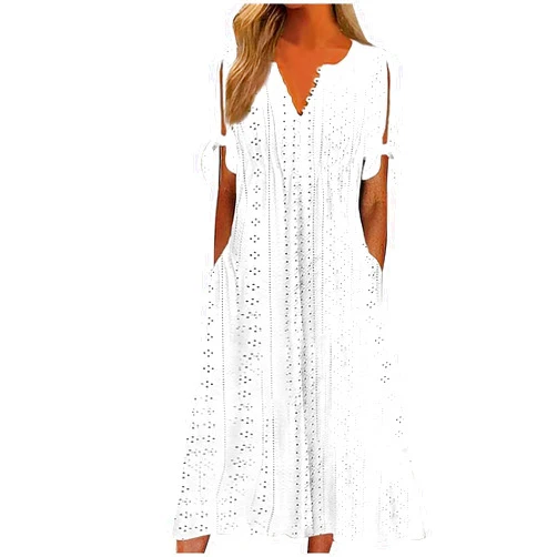 Generic Elegant Summer Dresses for Women 2024 Trendy Tie Short Sleeve Button Down v Neck Eyelet Maxi Long Tshirt Dress