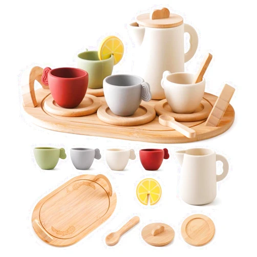GOODMOM Kids Tea Party Set, Wooden Tea Set for Little Girls and Boys, Kids Toys Kitchen Accessories Toys, Dishwasher Safe Tea Set, Role Play Toddler Tea Set, Ideal Christmas Birthday Gift