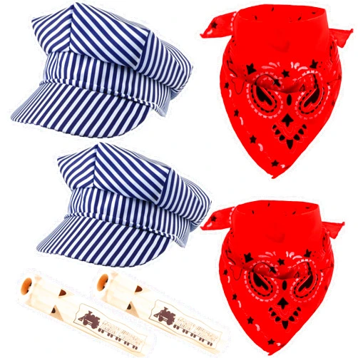 Puteraya 6 Pcs Kids Train Conductor Dress Up Kit Train Conductor Cap Paisley Bandanna Wooden Whistle for Halloween Party Career Day Pretend Cosplay