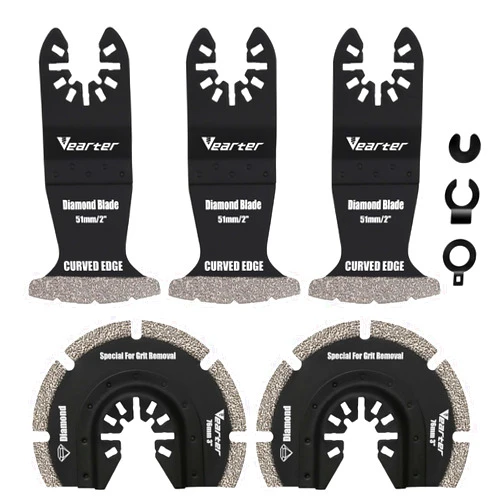 Vearter 5PCS Diamond Oscillating Saw Blades, Universal Multitool Blades for Grit Grout Removal, Quick Release Multi Tool Kit for Tile, Air Brick, Cement, Concrete, Masonry