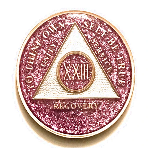 Recovery Line 23 Year AA Medallion - Purple, Lavender, Bling, Glitter, Sparkle, Alcoholics Anonymous Sobriety Chip, Token