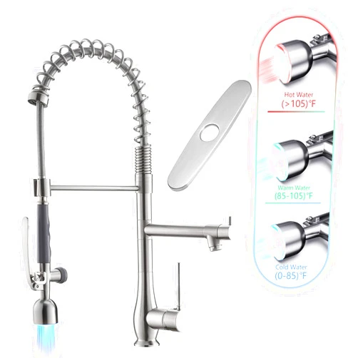 GIMILI Kitchen Faucet with LED Single Handle Kitchen Sink Faucet with Pull Down Sprayer Commercial Double-Headed Stainless Steel Kitchen Faucets Sink with Deck Plate, Brushed Nickel