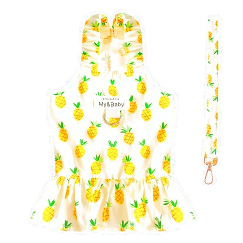 PETPUBGNZS Small Dog Dress Harness and Leash Set Cute Princess Birthday Dog Dresses Soft Fruit Print Puppy Dresses Girl Dog Clothes for Small Dogs Cats Chihuahua Yorkie Shih Tzu (Yellow Pineapple,L)