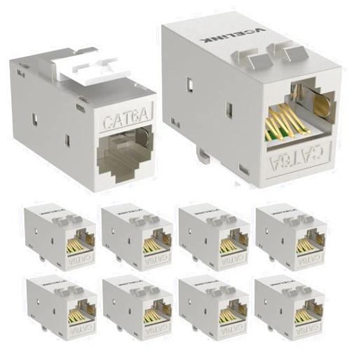 VCELINK CAT6A RJ45 Keystone Coupler Shielded, 10-Pack Keystone Jack Inline Coupler Female to Female 10Gbps for Patch Panel and Keystone Wall Plate, Silver