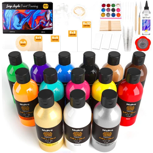 Nicpro 14 Colors 8.45oz Acrylic Pouring Paint Kit, Large Volume Premixed High Flow Pour Paints Supplies with Canvas, Wood Natural Slices, Pouring Oil, Gloves, Strainer, Cups for Beginner DIY Crafts