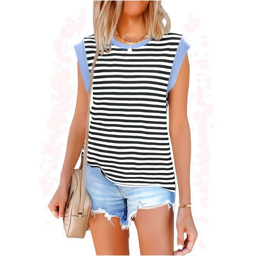 Generic Womens Summer Tank Top Casual Striped Contrast Stitching Trendy Shirts Cap Sleeve Vest Crewneck Tops Going Out Shirt