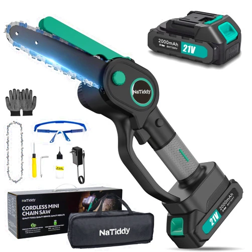 NaTiddy Mini Chainsaw Cordless, 6-Inch Electric Chainsaw, Battery-Powered 21V, Small Chain Saw, Portable Lightweight Handheld Chainsaw for Tree Trimming and Wood Cutting (1 Battery & 1 Chain)