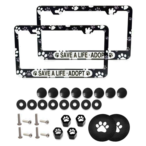 Vrasly Black Frame 2 Pieces Paw Print License Plate Frames, 4 Pieces Paw Valve Stem Caps and 2 Pieces Paw mat, License Plate Frame Novelty Personalized Cute Funny (Style B)