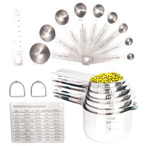 DUNCHATY 20PCS Measuring Cups and Spoons Set, Stainless Steel Measure Cup Set for Cooking Baking Measurement, Includes 7 Cups, 9 Spoons, Level, Magnetic Chart, Stackable Measuring Set