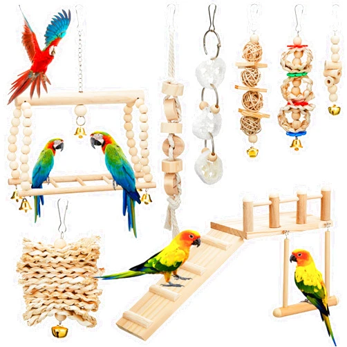 Sonwyoung 10 Pcs Parrot Swing Toys and Bird Perches Platform with Climbing Ladder Chewing Standing Hanging Parakeet Toys Bird Cage Accessories for Budgerigar Conure Cockatiel Love Birds and Finches
