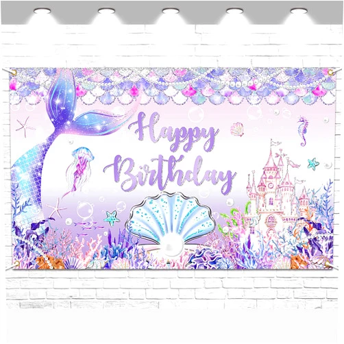 Avezano Mermaid Birthday Banner, Under The Sea Backdrop for Girls Birthday Party Decoration Mermaid Birthday Backdrop Mermaid Tail Princess Castle Scales Photo Booth Props 70.8 x 43.3 inch