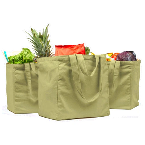 VeraMia Canvas Grocery Bag 3pc XL Set with Real Pockets, Long Shoulder Strap and Short Handle. Heavy Duty, Foldable, Washable