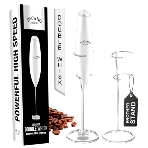 PACAHO Powerful Milk Frother with Stand with Double Whisk, Handheld Electric Foam Maker, Hand Mixer Wand, Portable Mini Blender Foamer Stirrer for Coffee Creamer, Latte, Matcha,Hot Chocolate, Silver