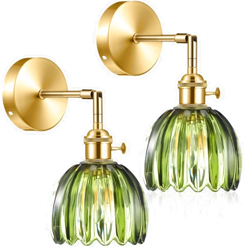 Rossesay 2 Pcs Vintage Wall Sconce with Tulip Glass Shade 180 Degree Adjustable Hanging Brass Sconces Hardwired Modern Lamp Fixtures Decor for Bedside Indoor Doorway Including Light Bulb (Green)