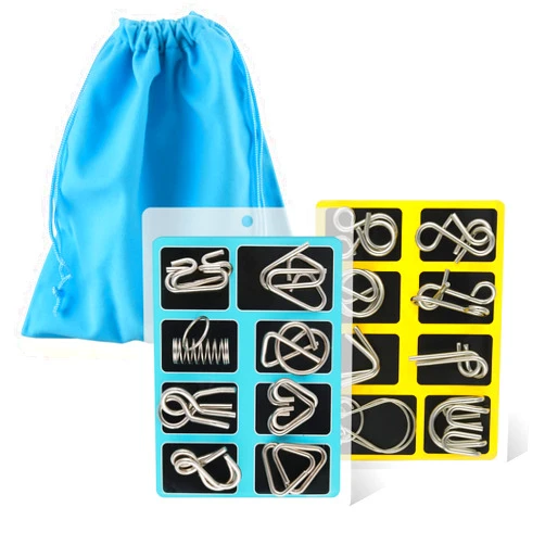 Coogam Metal Wire Puzzle Set of 16 with Pouch,Brain Teaser IQ Test Disentanglemen Iron Link Unlock Interlock Game Chinese Ring Magic Trick Toy for Party Favor Kids Adults Challenge