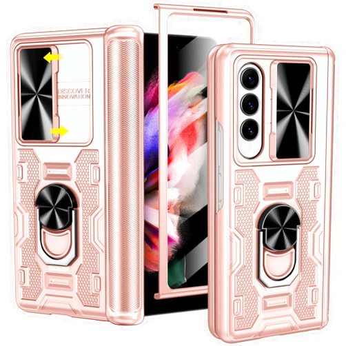 VEGO for Samsung Galaxy Z Fold 3 Case with Stand, Slide Camera Cover & Screen Protector & 360°Ring Magnetic Kickstand Military Grade Heavy Duty Protective Case for Galaxy Z Fold 3- Rose Gold
