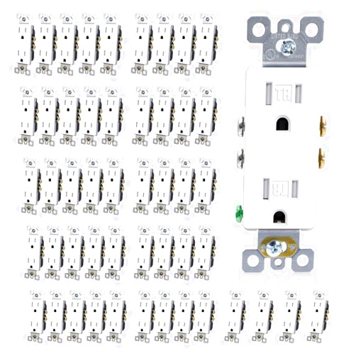 ELEGRP Decorator Wall Receptacle Outlet, Tamper Resistant 15 Amp Standard Electrical Wall Outlet, Residential Grade, Self-grounding, 125V, 2 Pole 3 Wire, 5-15R, UL Listed, Glossy White, 50 Pack