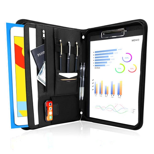 ProCase Portfolio Business Padfolio Folder with Zipper, Conference Meeting Executive File Legal Document Organizer with Pockets Letter Size A4 Writing Pad Notepad Padfolio for Father's Day Gift -Black