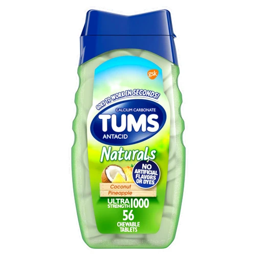 TUMS Naturals Chewable Ultra Strength Antacid Chews for Heartburn Relief, Coconut Pineapple - 56 Count