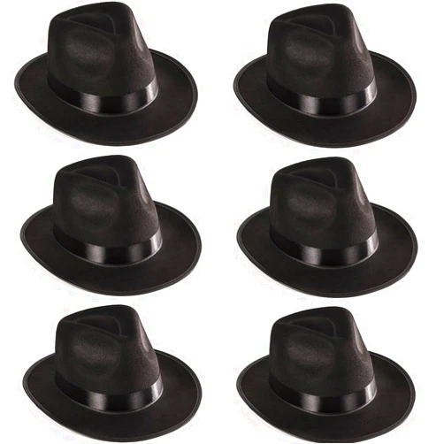 Funny Party Hats Black Fedora Gangster Hat Costume Accessory - Pack of 6