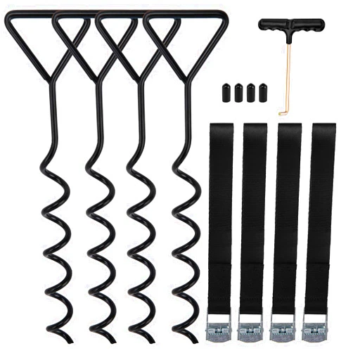 FAMANDY Trampoline Tie Down Anchor Kit, Corkscrew Shape Steel Trampoline Stakes Anchors High Wind Heavy Duty, Trampoline Tie Downs with T Hook for Trampolines, Spiral Ground Stakes (Set of 4)