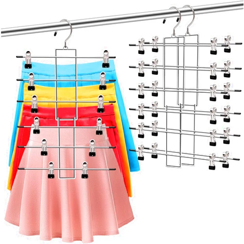 SHUKEEKA Closet Organizers and Storage, 6 Tier Storage and Organization Pants Hangers Space Saving, Metal Skirt Hangers with Adjustable Clip, 360° Swivel Hook, Dorm Room Essentials for College Students Girls