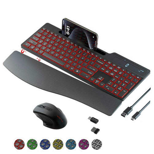 COUTSALL Wireless Keyboard Mouse Combo, Full Size Ergonomic Keyboard with Backlit, Wrist Rest, Calculator, Phone Holder, 2.4Ghz Silent Cordless Rechargeable Keyboard & Mouse for Laptop, PC, Windows, Mac OS