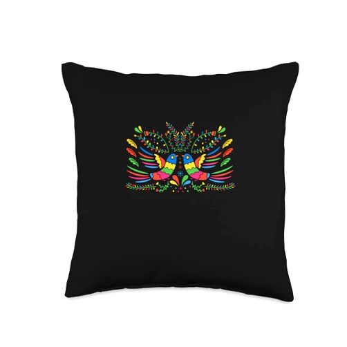 Colorful Flower Mexico Embroidered Bird Lover Floral Bird Otomi Mexican Embroidery Style Mexicano Mexicana Throw Pillow, 16x16, Multicolor