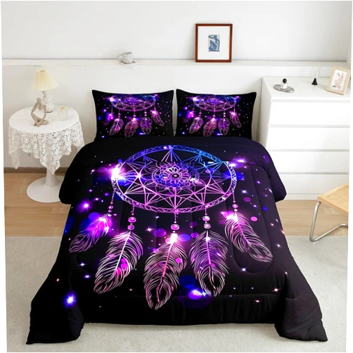 Erosebridal Dream Catcher Feather Comforter Set, Bohemian Mandala Down Comforter Twin Size for Kids Girls Boys, Starry Sky Galaxy Bedding Set Boho Tie Dye Exotic Flower Quilted Duvet, Purple