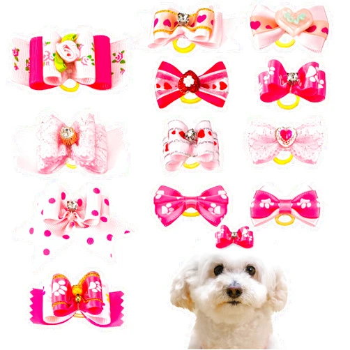 MTLEE 12 Pieces Small Dog Hair Bow Rubber Bands Cute Puppies Hair Bows Pink Doggies Cat Topknot Pet Headdress with Rhinestones Dog Grooming Bowknot Pet Hair Accessories for Puppy Kitten