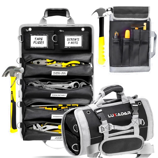 Luxadar Updated Roll-Up Tool Bag, Large, Extra Features, 6 Interchangeable Pouches with Name Tags, Water & Grease Resistant, Heavy-Duty Tool Organizer, Shoulder Strap, Gift Tool Bags For Men