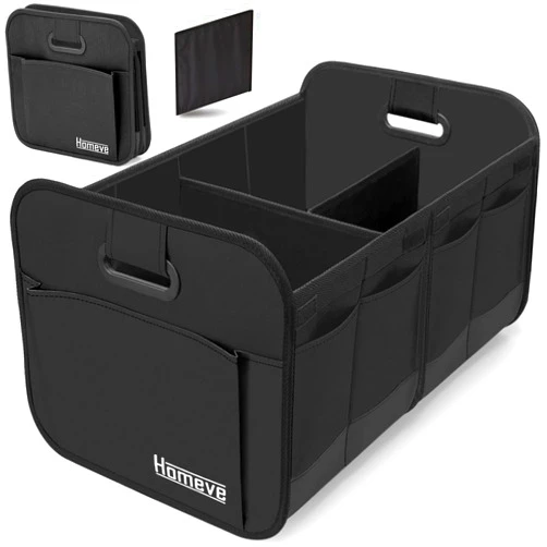 Homeve Car Trunk Organizer, Car Storage, Reinforced Handles, Collapsible Multi-Compartment Car Organizers, Foldable and Waterproof, 600D Oxford Polyester, Suitable for Any Car, SUV, Mini-Van, Black