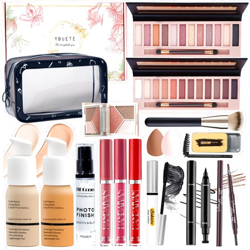 YBUETE Makeup Set Kit for Women Full Kit, Makeup Present for Women Teen Girl, Eyeshadow Foundation Face Primer Brush 3 in 1 Palette Lip Gloss, Eyebrow Soap Mascara Eyeliner cosmetic bag
