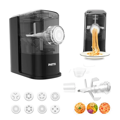 PHITTIS Electric Pasta Machine, Automatic Pasta Maker Machine Electric with 8 Discs for Spaghetti & Fettucine and More, Easy-to-Clean Noodle Maker with Measuring Cup, Cleaning Scraper and Flour Cup